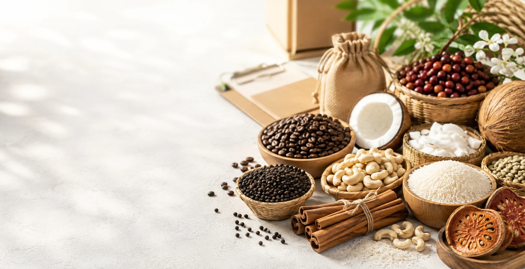 Vietnam agricultural products including coffee rice pepper cinnamon cashew nuts and coconut