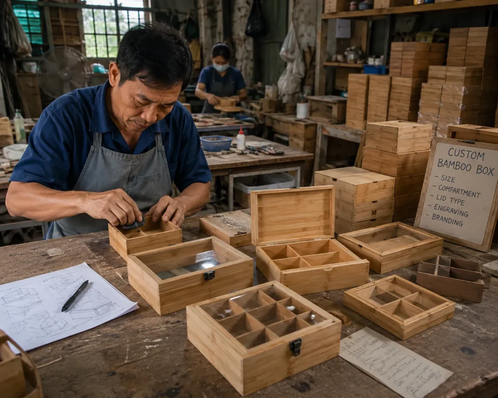Custom bamboo box production at a workshop in Vietnam