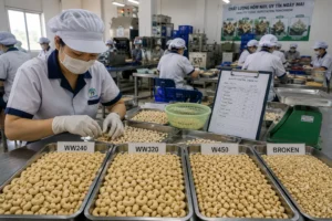 Cashew processing and quality grading at a supplier in Vietnam